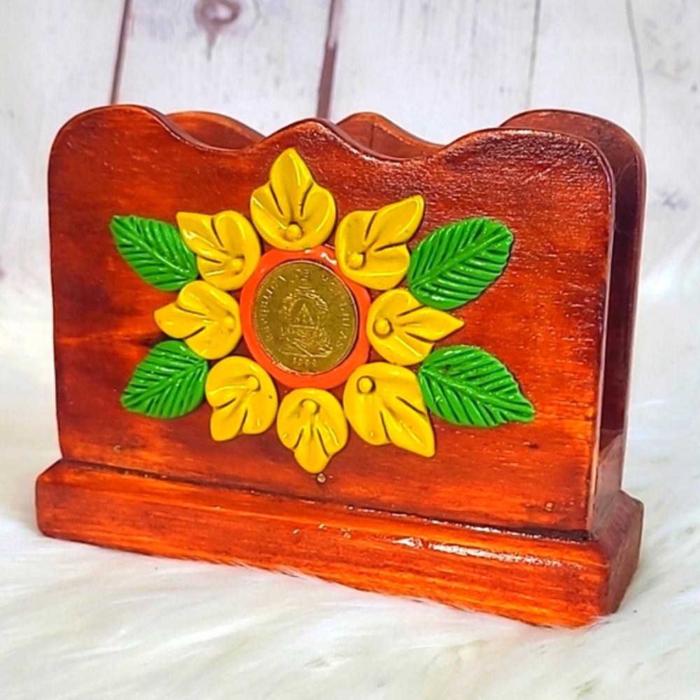 Y2K Handmade Honduras Souvenir Mahagony Wooden Napkin Holder Floral Native Coins
